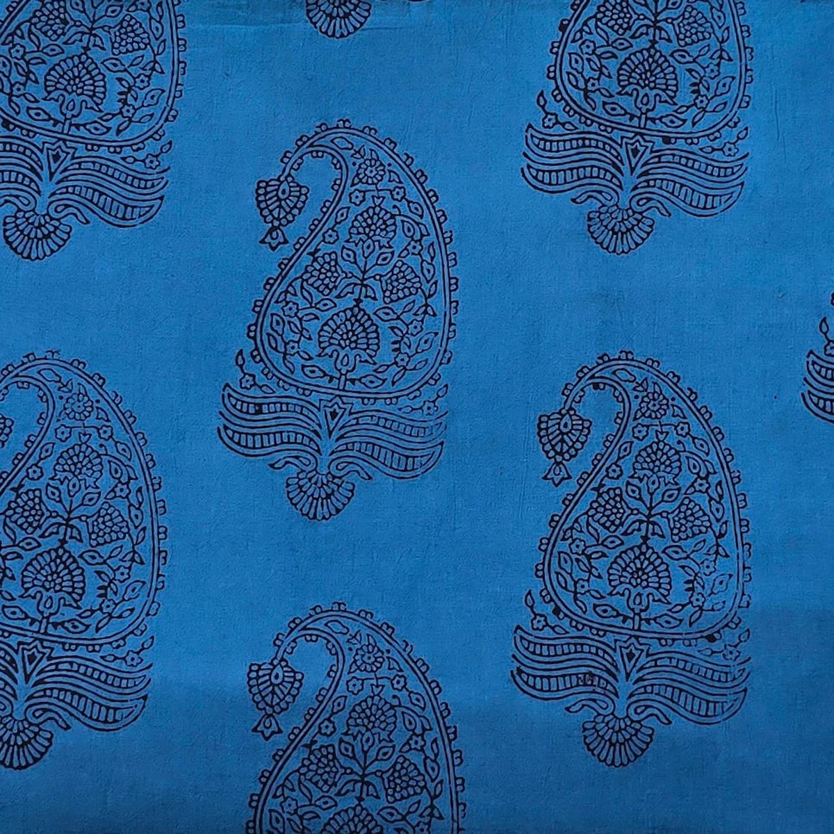 ( pre-cut 1 meter) Pure Cotton Bagh Blue With Black Big Kairi Motif And Border Hand Block Print Fabric